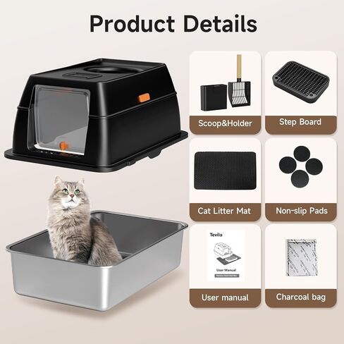 Extra Large Stainless Steel Litter Box with Lid, High Sided Enclosed Metal Cat Litter Pan, Dog Proof Front Entry Top Exit, Odor Control Easy Clean Leak Proof, Includes Mat, Scoop & Step, Black in Kuwait