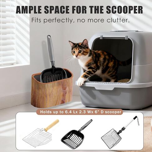 Cat Litter Scoop Holder – Wood-Grain Dual-Open Scoop Caddy with Bag-Lock Hole, Wide-Mouth Double-Layer Inner Bucket, Mini Desktop Trash Bin for Pet Scoops & Accessories in Kuwait