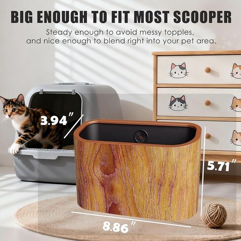 Cat Litter Scoop Holder – Wood-Grain Dual-Open Scoop Caddy with Bag-Lock Hole, Wide-Mouth Double-Layer Inner Bucket, Mini Desktop Trash Bin for Pet Scoops & Accessories in Kuwait