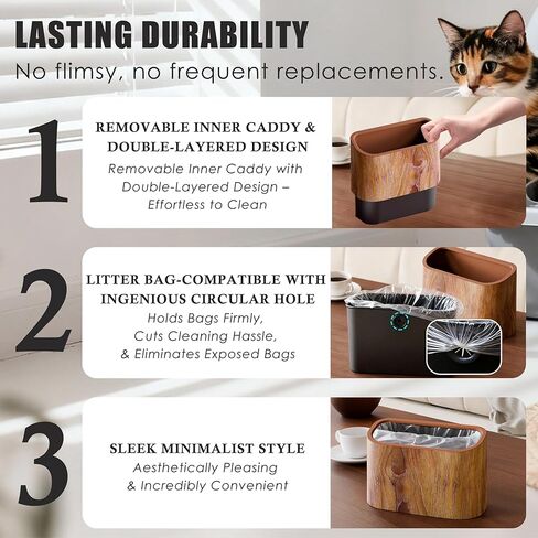 Cat Litter Scoop Holder – Wood-Grain Dual-Open Scoop Caddy with Bag-Lock Hole, Wide-Mouth Double-Layer Inner Bucket, Mini Desktop Trash Bin for Pet Scoops & Accessories in Kuwait