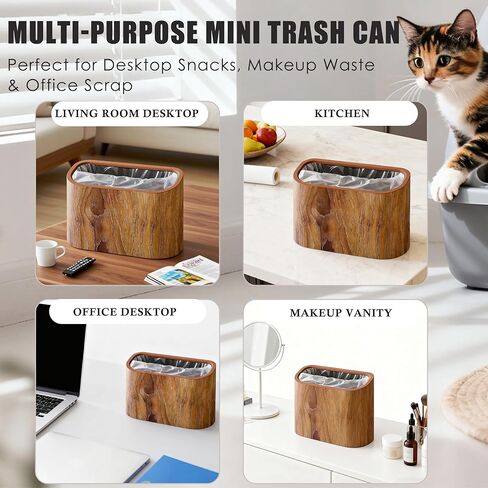 Cat Litter Scoop Holder – Wood-Grain Dual-Open Scoop Caddy with Bag-Lock Hole, Wide-Mouth Double-Layer Inner Bucket, Mini Desktop Trash Bin for Pet Scoops & Accessories in Kuwait