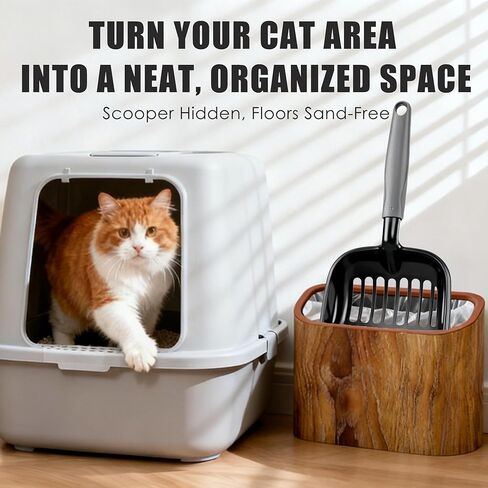 Cat Litter Scoop Holder – Wood-Grain Dual-Open Scoop Caddy with Bag-Lock Hole, Wide-Mouth Double-Layer Inner Bucket, Mini Desktop Trash Bin for Pet Scoops & Accessories in Kuwait