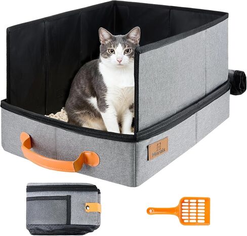 MORAIS Portable Travel Litter Box for Cats, 17.7"×13.5"×11" Collapsible Cat Litter Box with Lid, Leak-Proof Cat Litter Pan for Car Hotel Airplane, Waterproof & Easy to Carry- Black in Saudi Arabia