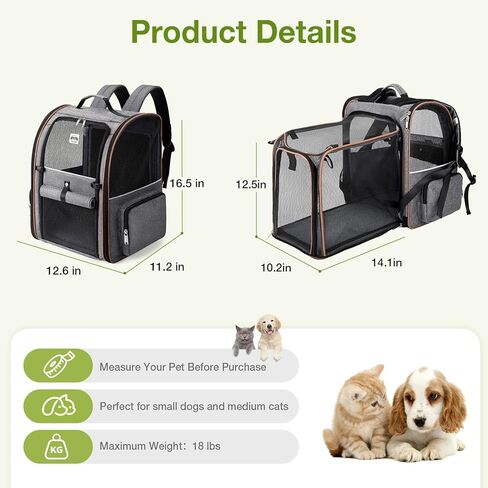 Lekebobor Cat Carrier Backpack, Expandable Pet Carrier with Sun Shade & Full Front Opening, Breathable Mesh Backpack for Small Dogs & Medium Cats Up to 18 Lbs, Foldable for Hiking, Camping (Grey) in Kuwait