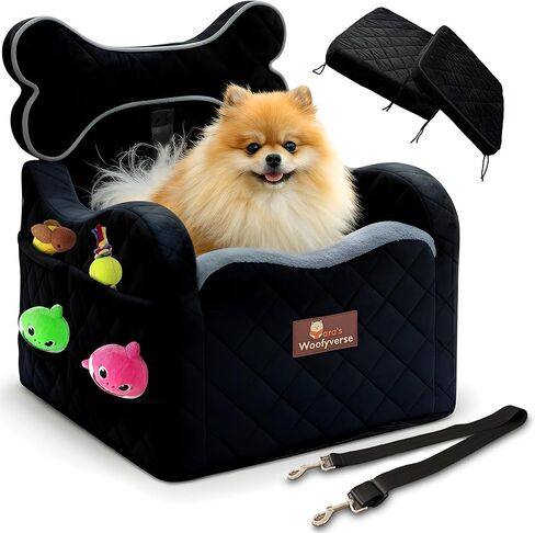 Yara’s Woofyverse Dog Seat for Car – Booster Seat for Small & Medium Dogs with Adjustable Cushions, Fur-Lined Headrest & 6-Pocket Storage – Portable Pet Car Seat for Front/Back Travel – Stone Shadow in Saudi Arabia