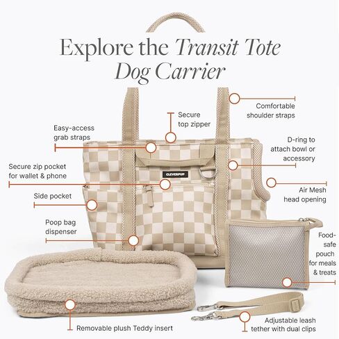 حاملة الكلاب Cleverpup Transit Tote للكلاب الصغيرة التي يصل وزنها إلى 8 أرطال، مجموعة 4 قطع ناعمة الجوانب مقاس 16x11x8 مع قاعدة مقاومة للماء، حشوة قطيفة، كيس طعام، فتحة رأس شبكية - صغيرة، لوحة شطرنج in Kuwait