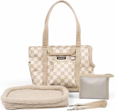 حاملة الكلاب Cleverpup Transit Tote للكلاب الصغيرة التي يصل وزنها إلى 8 أرطال، مجموعة 4 قطع ناعمة الجوانب مقاس 16x11x8 مع قاعدة مقاومة للماء، حشوة قطيفة، كيس طعام، فتحة رأس شبكية - صغيرة، لوحة شطرنج in Kuwait