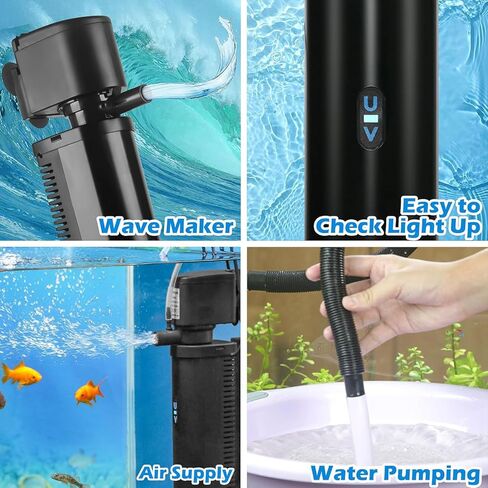 Aquarium Filter U-V w/Scientific 3,6,12,24H Timer 200GPH for 20-75Gal Fish Turtle Tank Bio Sponge Internal Filter Power Pump Deodorization Saltwater Freshwater Killing Green Clean Machine Air Supply in Kuwait