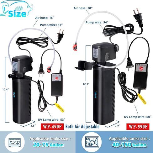 Aquarium Filter U-V w/Scientific 3,6,12,24H Timer 200GPH for 20-75Gal Fish Turtle Tank Bio Sponge Internal Filter Power Pump Deodorization Saltwater Freshwater Killing Green Clean Machine Air Supply in Kuwait
