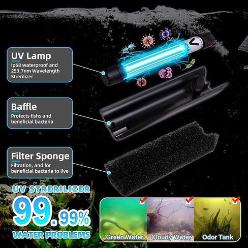 Aquarium Filter U-V w/Scientific 3,6,12,24H Timer 200GPH for 20-75Gal Fish Turtle Tank Bio Sponge Internal Filter Power Pump Deodorization Saltwater Freshwater Killing Green Clean Machine Air Supply in Kuwait