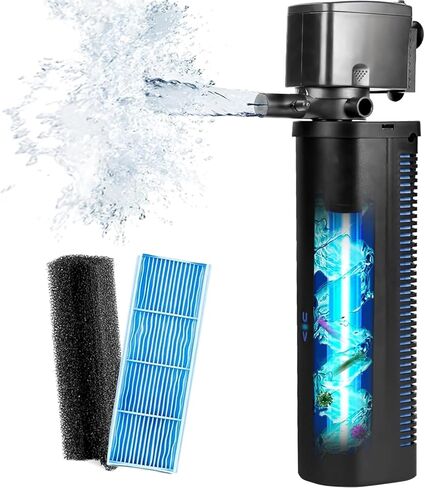 Aquarium Filter U-V w/Scientific 3,6,12,24H Timer 200GPH for 20-75Gal Fish Turtle Tank Bio Sponge Internal Filter Power Pump Deodorization Saltwater Freshwater Killing Green Clean Machine Air Supply in Kuwait
