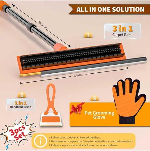 Carpet Rake for Pet Hair Removal - Reusable Dog & Cat Hair Remover with 58" Reinforced Steel Handle, 3-in-1 Professional Modular Rug Rake & Scraper Tool for Shag Rugs, Couch, Stairs (Orange) in Kuwait