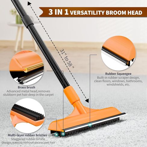 Carpet Rake for Pet Hair Removal - Reusable Dog & Cat Hair Remover with 58" Reinforced Steel Handle, 3-in-1 Professional Modular Rug Rake & Scraper Tool for Shag Rugs, Couch, Stairs (Orange) in Kuwait