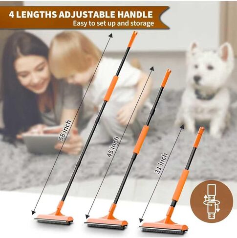 Carpet Rake for Pet Hair Removal - Reusable Dog & Cat Hair Remover with 58" Reinforced Steel Handle, 3-in-1 Professional Modular Rug Rake & Scraper Tool for Shag Rugs, Couch, Stairs (Orange) in Kuwait
