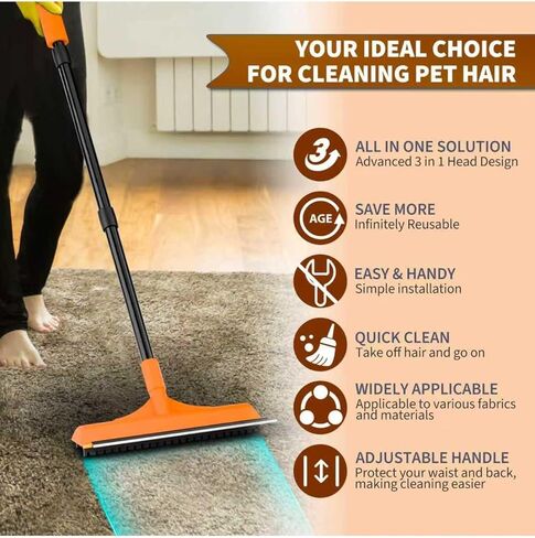 Carpet Rake for Pet Hair Removal - Reusable Dog & Cat Hair Remover with 58" Reinforced Steel Handle, 3-in-1 Professional Modular Rug Rake & Scraper Tool for Shag Rugs, Couch, Stairs (Orange) in Kuwait