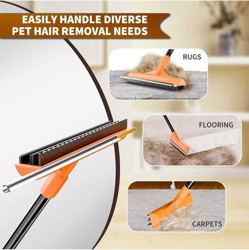Carpet Rake for Pet Hair Removal - Reusable Dog & Cat Hair Remover with 58" Reinforced Steel Handle, 3-in-1 Professional Modular Rug Rake & Scraper Tool for Shag Rugs, Couch, Stairs (Orange) in Kuwait