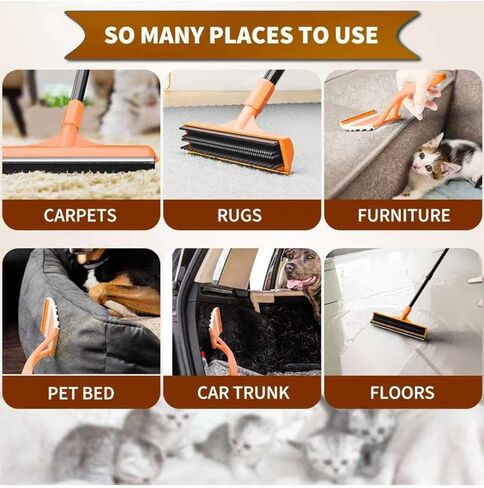 Carpet Rake for Pet Hair Removal - Reusable Dog & Cat Hair Remover with 58" Reinforced Steel Handle, 3-in-1 Professional Modular Rug Rake & Scraper Tool for Shag Rugs, Couch, Stairs (Orange) in Kuwait