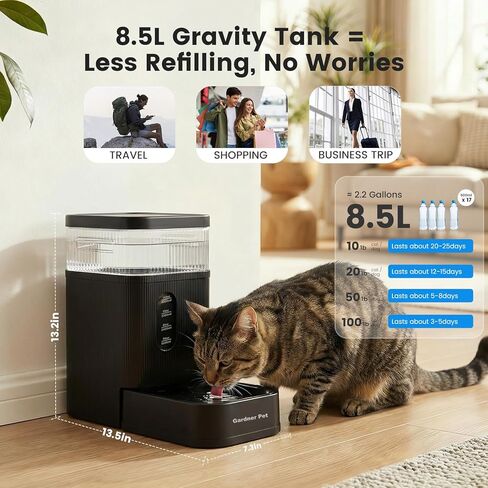 موزع وعاء مياه أوتوماتيكي للكلاب سعة 2.2 جالون من Gardner Pet، وعاء مياه الجاذبية 8.5 لتر مع وعاء من الفولاذ المقاوم للصدأ وفلتر حجر مايفان، خالٍ من مادة BPA للقطط والكلاب (أسود، 2.2 جالون) in Kuwait