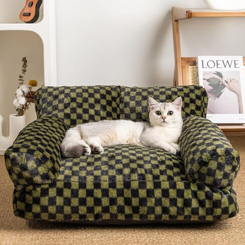 Faux Fur Cat & Dog Sofa Cat Couch Mini Cat Bed Indoor Human Style Pet Sofa, Modern Pet Furniture for Cats, Washable ＆ Removable Cover, for Cats and Small Medium Dogs (Black/Green, Large(30X21 inch)) in Saudi Arabia