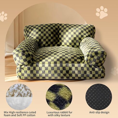 Faux Fur Cat & Dog Sofa Cat Couch Mini Cat Bed Indoor Human Style Pet Sofa, Modern Pet Furniture for Cats, Washable ＆ Removable Cover, for Cats and Small Medium Dogs (Black/Green, Large(30X21 inch)) in Saudi Arabia