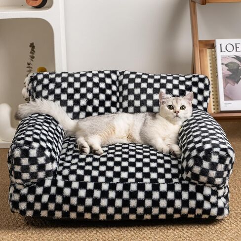 Faux Fur Cat & Dog Sofa Cat Couch Mini Cat Bed Indoor Human Style Pet Sofa, Modern Pet Furniture for Cats, Washable ＆ Removable Cover, for Cats and Small Medium Dogs (Black/Green, Large(30X21 inch)) in Saudi Arabia