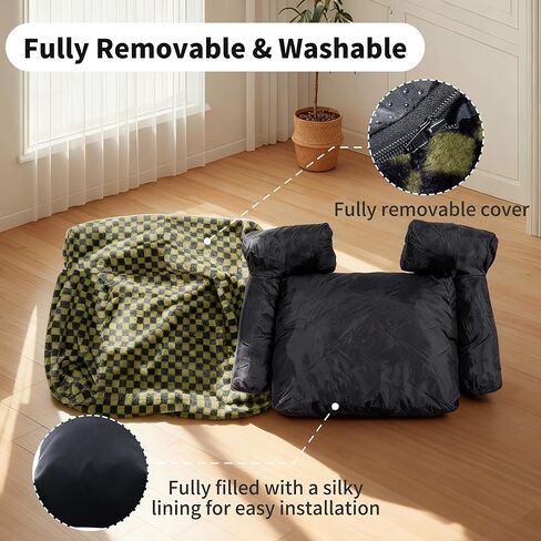 Faux Fur Cat & Dog Sofa Cat Couch Mini Cat Bed Indoor Human Style Pet Sofa, Modern Pet Furniture for Cats, Washable ＆ Removable Cover, for Cats and Small Medium Dogs (Black/Green, Large(30X21 inch)) in Saudi Arabia
