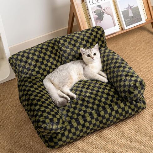 Faux Fur Cat & Dog Sofa Cat Couch Mini Cat Bed Indoor Human Style Pet Sofa, Modern Pet Furniture for Cats, Washable ＆ Removable Cover, for Cats and Small Medium Dogs (Black/Green, Large(30X21 inch)) in Saudi Arabia