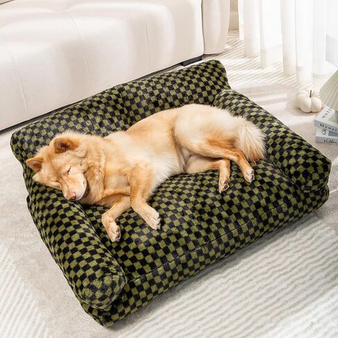 Faux Fur Cat & Dog Sofa Cat Couch Mini Cat Bed Indoor Human Style Pet Sofa, Modern Pet Furniture for Cats, Washable ＆ Removable Cover, for Cats and Small Medium Dogs (Black/Green, Large(30X21 inch)) in Saudi Arabia