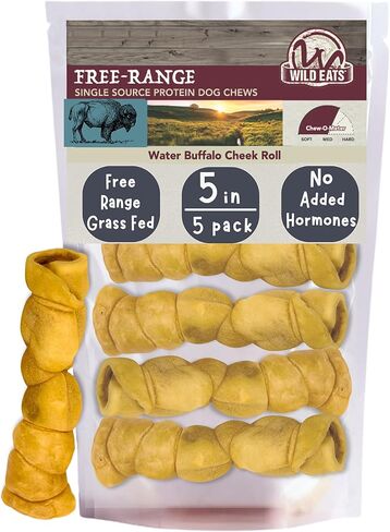 Wild Eats Water Buffalo Retriever Style Cheek Roll Dog Chews - 5 Pack (Long Lasting Chews, Treats, Bones for Aggressive Chewers & Large Dogs) Great Substitute Pig Ears Dogs in Kuwait