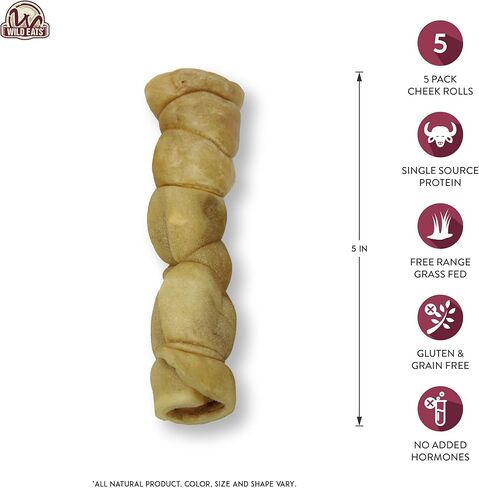 Wild Eats Water Buffalo Retriever Style Cheek Roll Dog Chews - 5 Pack (Long Lasting Chews, Treats, Bones for Aggressive Chewers & Large Dogs) Great Substitute Pig Ears Dogs in Kuwait