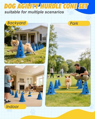 مجموعة مخروط حواجز خفة الحركة للكلاب، مجموعة الفناء الخلفي لرشاقة الكلاب مع شريط قابل للتعديل للارتفاع لإعادة التأهيل والمبتدئين، معدات خفة الحركة للكلاب لبدء تدريب مسار عوائق الكلاب - 12 بوصة in Kuwait