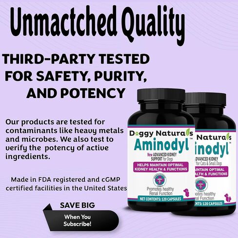 مكمل دعم الكلى Aminodyl™ 400 مجم للقطط والكلاب الصغيرة - يدعم وظيفة الكلى الطبيعية بالأحماض الأمينية ويعزز بشكل كبير صحة ورفاهية وحيوية الكلى - 120 كبسولة رش. الولايات المتحدة الأمريكية in Kuwait
