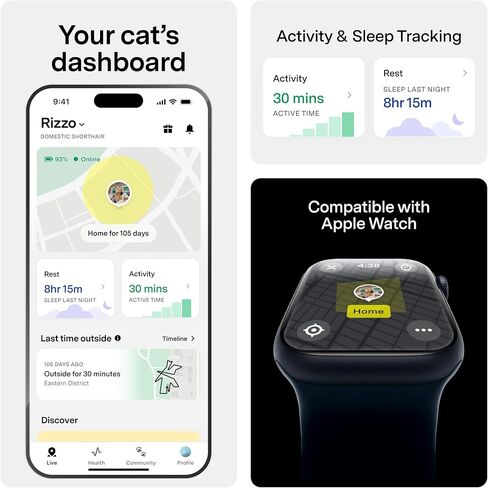 Fi Mini GPS Tracker for Cats — Lightweight Collar Attachment, Virtual Fences, Escape Alerts, Step & Health Tracking, Waterproof Cat Tracker — 6-Month Membership Included in Saudi Arabia