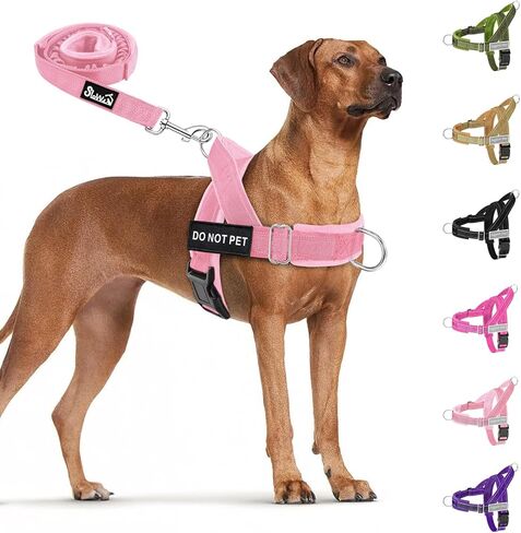 SlowTon No Pull Dog Harness - Heavy Duty Dog Harness and Leash Set for Medium Large Dogs, Reflective Tactical Harness with Soft Padded and Front Clip for Easy Walk and Training (Black L) in Saudi Arabia