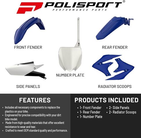 Polisport Motocross (MX) Replica Plastic Kit for Yamaha YZ 450F (2018-22) – OEM Quality, Durable, Flexible & Perfect Fit – Blue/White/Black in Kuwait
