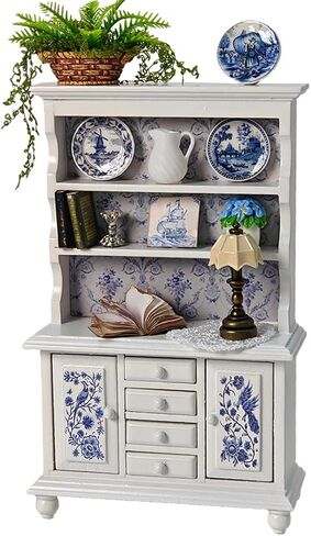 1:12 Scale Handcrafted Miniature Hutch Cabinet with Blue & White Porcelain Motifs – Vintage Decorative China Cabinet in Saudi Arabia