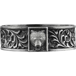 Scandinavian Bear Silver Band Ring for Men, Handmade Wild Angry Bear Personalized Ring, Solid Silver Leaf Pattern Jewelry, Animal Lover Gift in Saudi Arabia