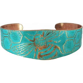 Handmade Solid Copper Tapered Cuff Bracelet With Etched Bumblebee Motif, Rustic Verdigris Patina in Saudi Arabia