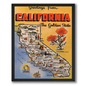 California Vintage Map Canvas Poster - Golden State Landmark Design Wall Decor for Home Office - Classic Road Trip Style Artwork - 16x20 Unframed Canvas Print in Kuwait