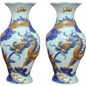 Heritage T&T Dragon Flower Vase Altar Tâm an Blue Glaze – 1 Pair – Bat Trang Handmade Vietnam (Copy) (Blue & White Glaze, Height 26 cm (10.2 in)) in Saudi Arabia