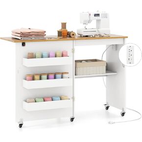 Nightcore Folding Sewing Table, Multipurpose Craft Table with Charging Station, Lockable Casters, Rack and Storage Shelves, Space-Saving Cart, Sewing Desk Cabinet for Living Room Home Studio in Kuwait