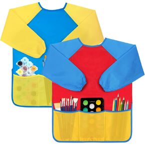 Bassion 2 Pack Kids Art Smock، مرايل رسم للأطفال الصغار ملونة مقاومة للماء للأطفال مع أكمام طويلة 3 جيوب واسعة لهدايا للأعمار من 2 إلى 8 سنوات (أزرق وردي أصفر) in Kuwait