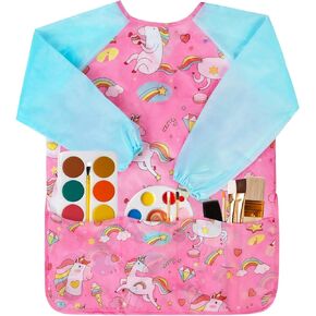 Bassion 2 Pack Kids Art Smock، مرايل رسم للأطفال الصغار ملونة مقاومة للماء للأطفال مع أكمام طويلة 3 جيوب واسعة لهدايا للأعمار من 2 إلى 8 سنوات (أزرق وردي أصفر) in Kuwait