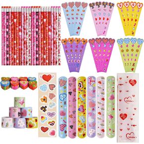 Valentines Day Party Favors 24 Pack Stationery Set Goodie Bag Class Gifts Classroom School Holiday Treat for Students Pencils Rulers Erasers Stickers slap in Saudi Arabia