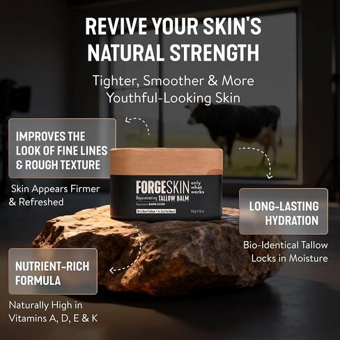 مرطب Forge Skin® Wrinkle Defense Beef Tallow Balm [يعتمد على الشحم] لترطيب الوجه - كريم مرطب مضاد للشيخوخة للبشرة - لوشن طبيعي للعناية ببشرة الوجه بالزيوت العطرية (1.76 أونصة) in Kuwait