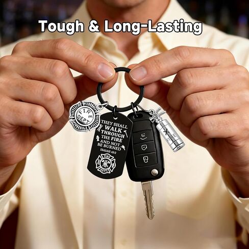 Firefighter Gifts for Men, Inspirational Firefighter Keychain, Laser Engraved “They Shall Walk Through the Fire and Not Be Burned", Birthday, Valentine's Day, Graduation Gifts for Firefighters in Saudi Arabia