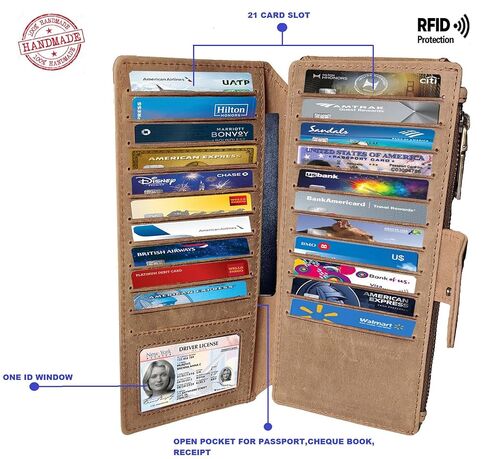 محفظة eSS RFID بسحاب مزدوج قابلة للطي للنساء، حامل بطاقات ائتمان نحيف، منظم أموال مع 43 فتحة بطاقة - حقيبة سفر جلدية بنية - جيب للفواتير، جواز السفر، الهاتف، نافذة واحدة لبطاقة الهوية in Saudi Arabia