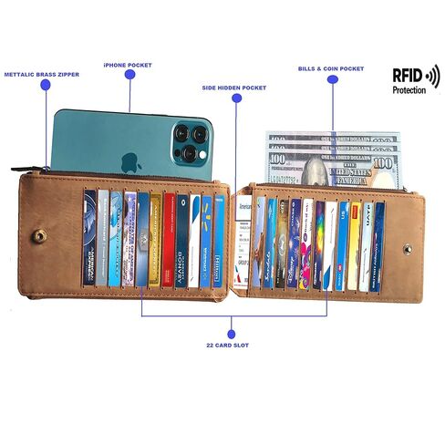 محفظة eSS RFID بسحاب مزدوج قابلة للطي للنساء، حامل بطاقات ائتمان نحيف، منظم أموال مع 43 فتحة بطاقة - حقيبة سفر جلدية بنية - جيب للفواتير، جواز السفر، الهاتف، نافذة واحدة لبطاقة الهوية in Saudi Arabia
