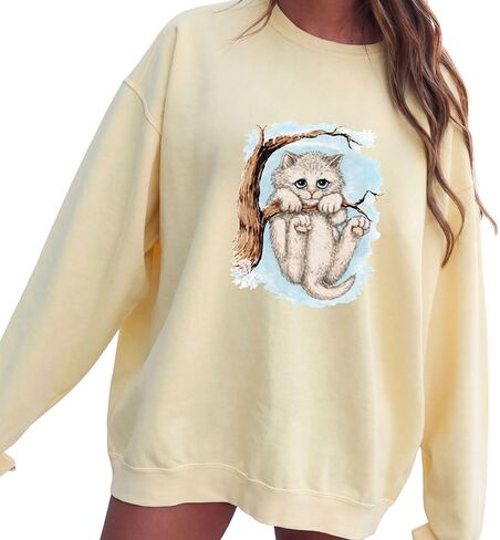 Opalitee Winter Kitten Unisex Sweatshirt Crewneck Pullover Cat Hanging from a tree Sweater Cat Unisex Cotton T-Shirt, in Saudi Arabia