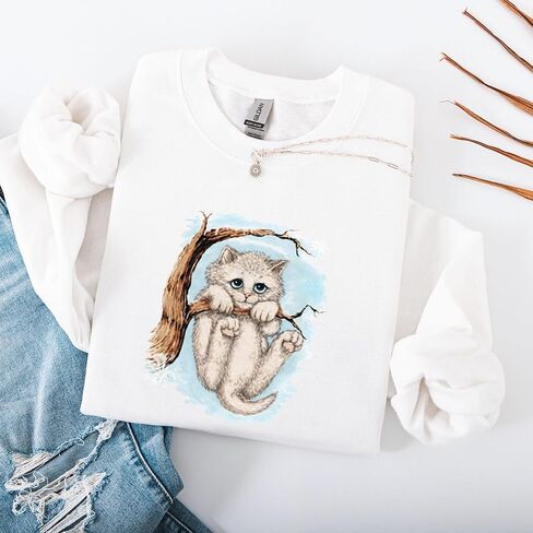Opalitee Winter Kitten Unisex Sweatshirt Crewneck Pullover Cat Hanging from a tree Sweater Cat Unisex Cotton T-Shirt, in Saudi Arabia